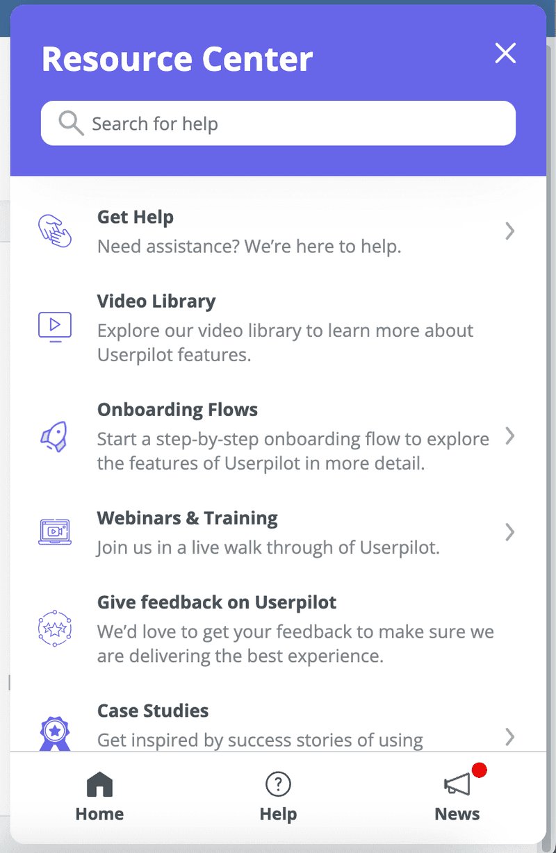 Intuitive icons in the Userpilot resource center help users easily navigate it.
