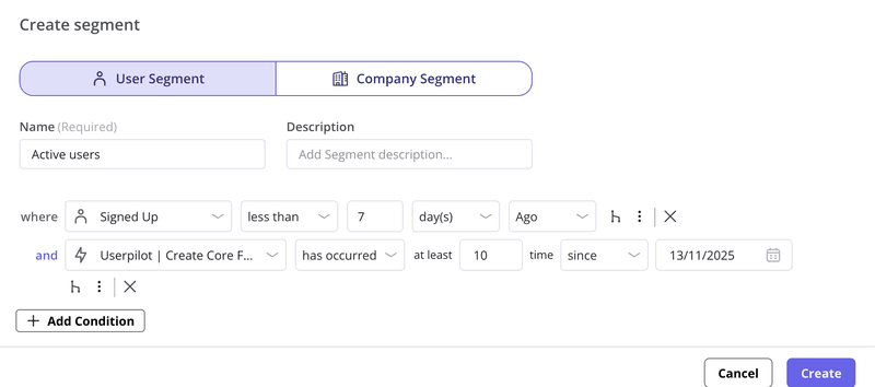 Userpilot segmentation screen