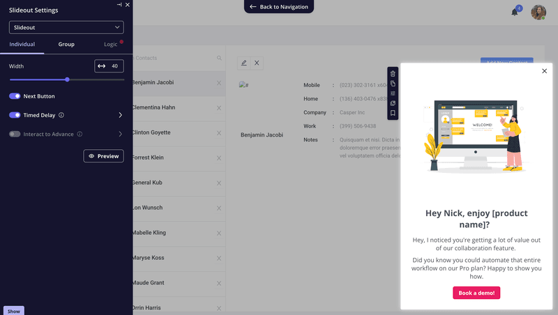 Userpilot slideout example in a product led sales flow.