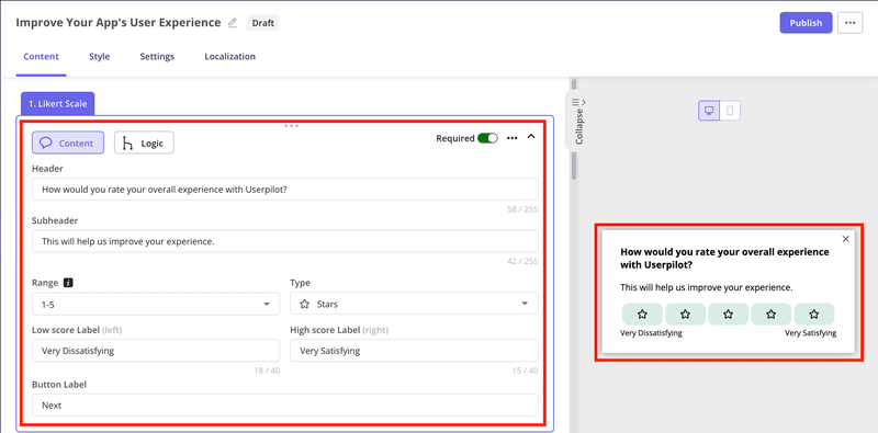 Microsurvey editor in Userpilot asking users to rate the overall experience.
