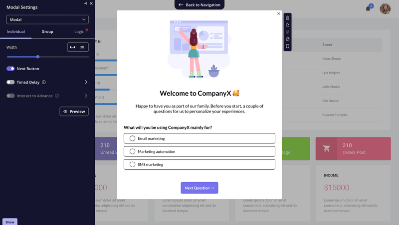 Userpilot onboarding modal showing personalized setup questions to support product led sales activation