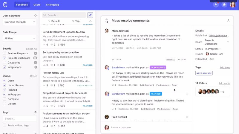 A screenshot of feedback management in Canny