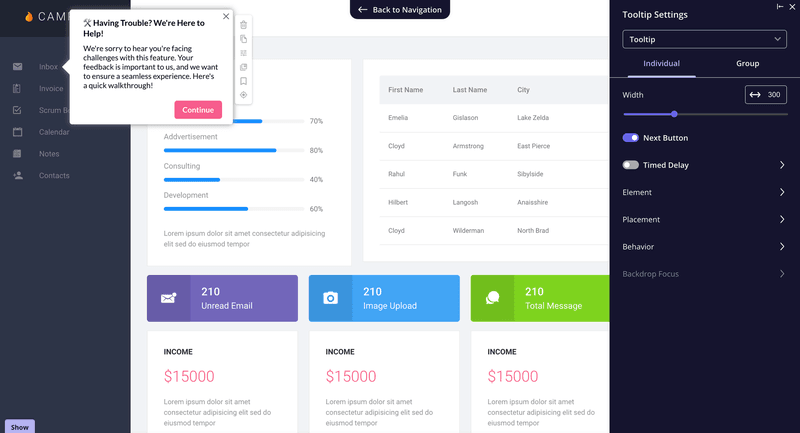 Trigger personalized tooltips to support users who are struggling to complete tasks