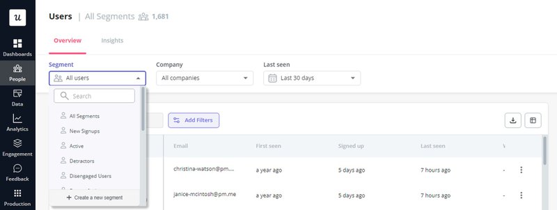 A screenshot of the different segments creating in Userpilot