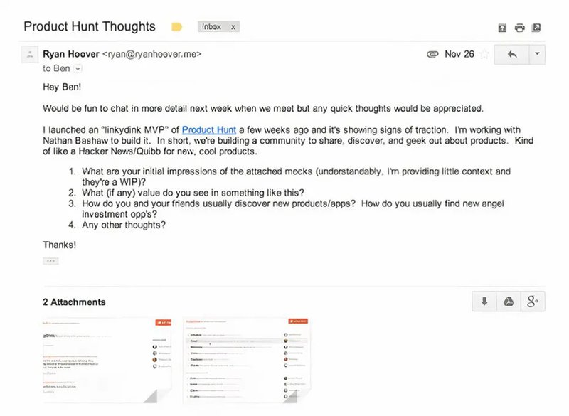 Screenshot of Product Hunt email types of minimum viable product