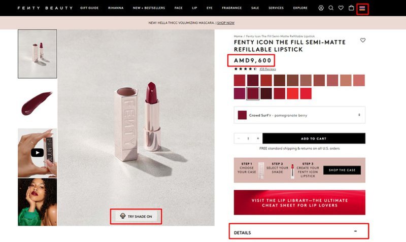 UX design examples: Fenty Beauty’s multiple accessible design features.