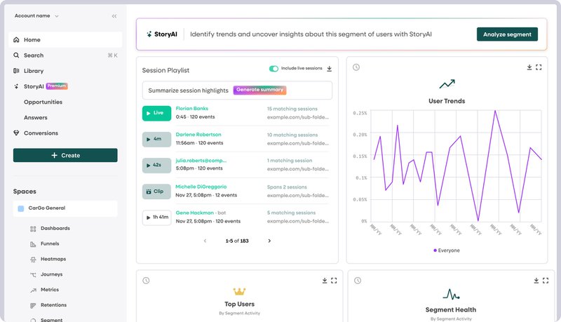 Fullstory dashboard showing session replays and analytics.