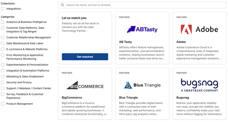 Fullstory's integration directory with 50+ partners