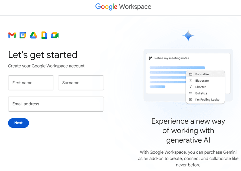 Sign-up page design example: Google Workspace