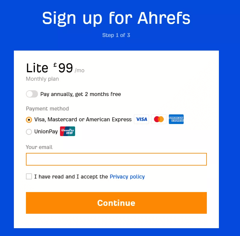 Sign-up page design example: Ahrefs.