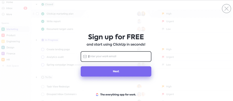 Sign-up form design example: ClickUp