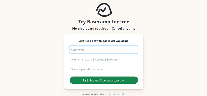 Sign-up form design example: Basecamp