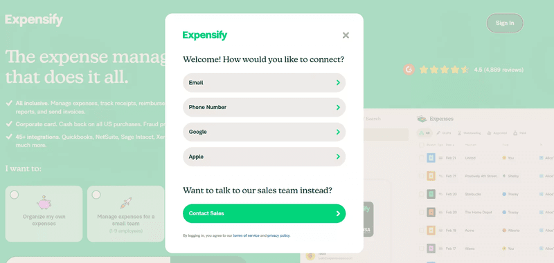 Sign up form design example: Expensify.