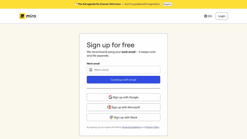 Sign-up page design example: Miro.