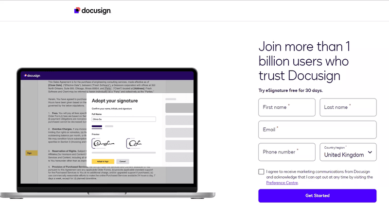 Sign-up form design example: Docusign.