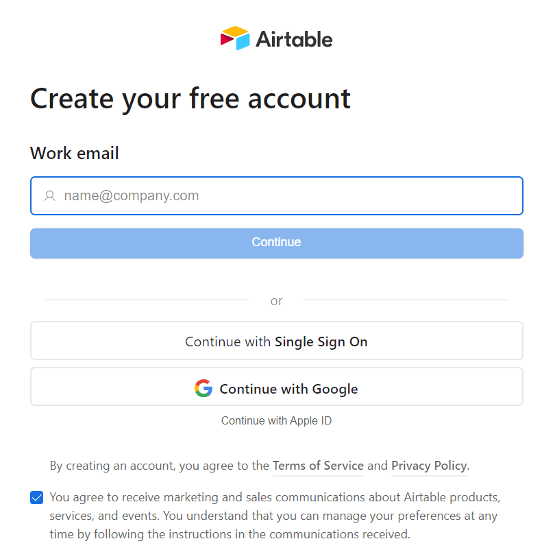 Sign-up page design example: Airtable