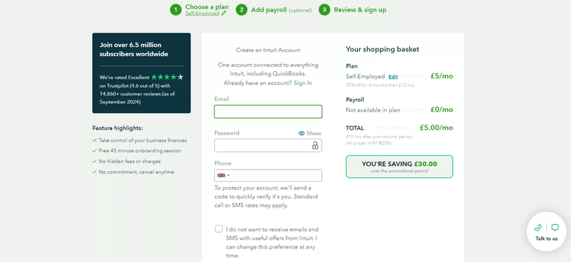 Best registration pages: Quickbooks.