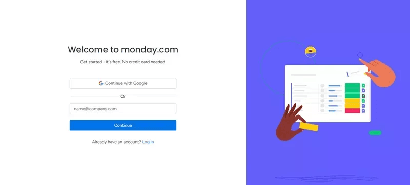 Best registration pages design example: Monday.com.