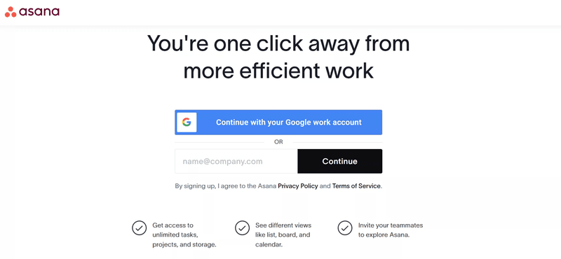 Sign-up page design example: Asana.