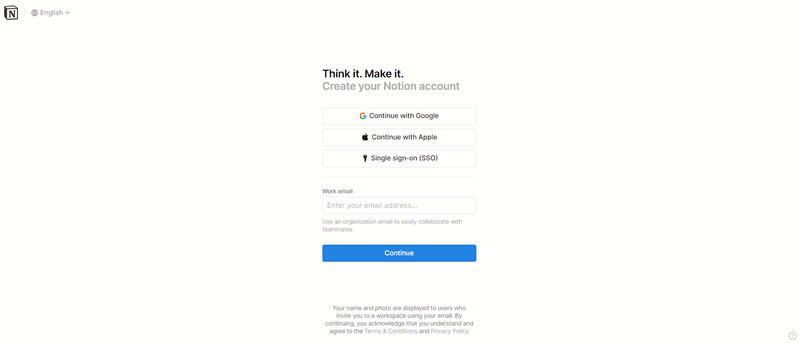 Sign-up page design example: Notion