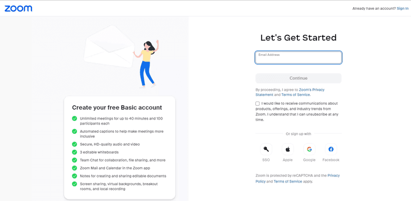 Sign-up page design example: Zoom.