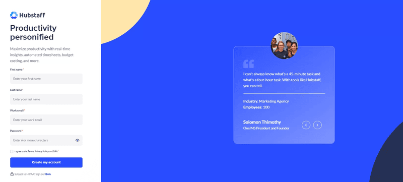 Sign-up form design example: Hubstaff.