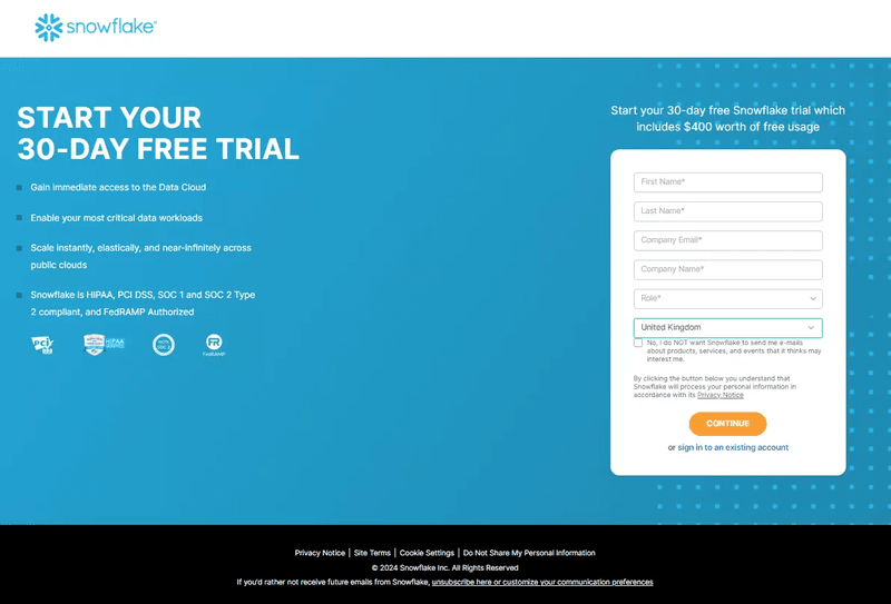 Sign-up form design example: Snowflake.