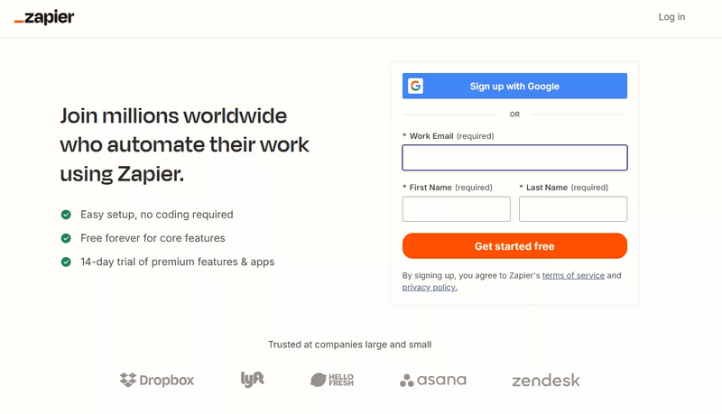 Sign-up page design example: Zapier.