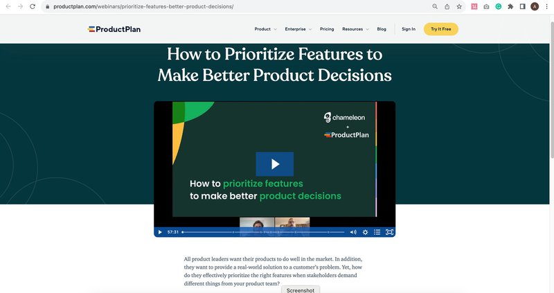 A webinar from ProductPlan on how to prioritize features and creating a strategic product roadmap