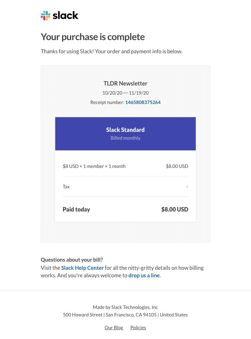 Slack’s purchase confirmation email