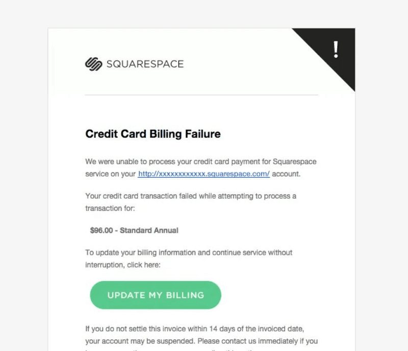 Squarespace’s billing failure email