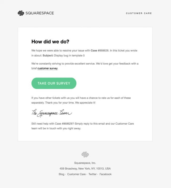 Squarespace’s support follow-up email