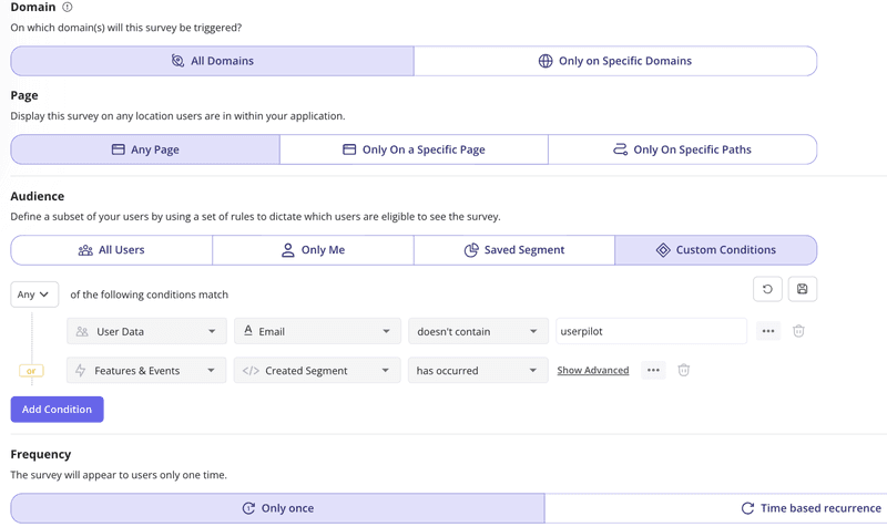 Set conditions to trigger user surveys in Userpilot.