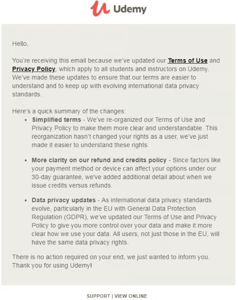 Udemy’s legal update email
