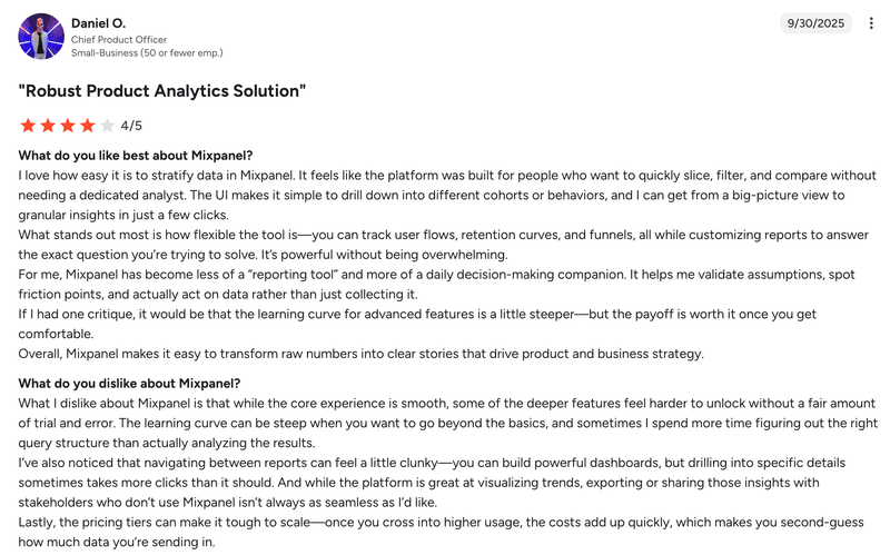 User G2 review in Mixpanel's steep learning curve.
