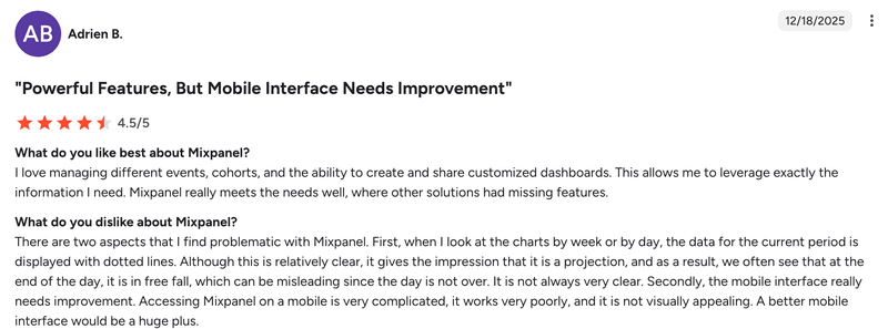 User G2 review on Mixpanel’s mobile interface