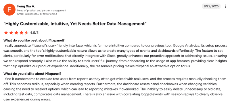 User G2 review on Mixpanel’s poor data management