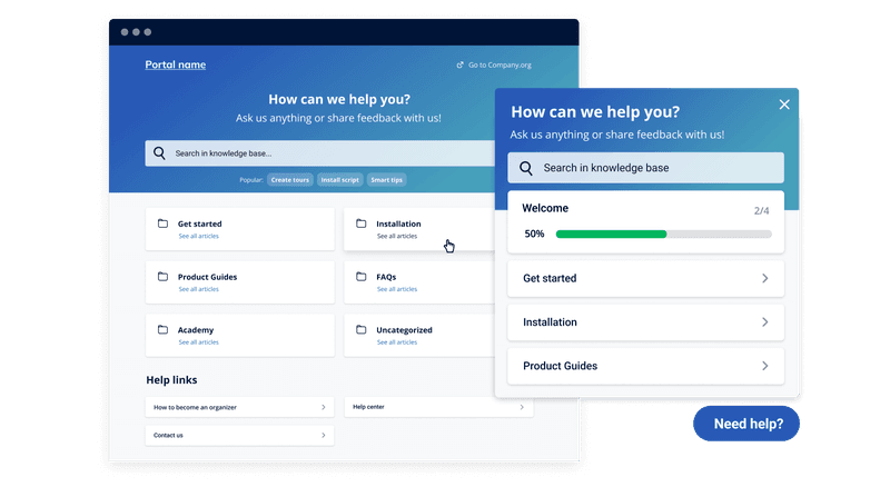 Example of Usetiful features: Knowledge base with the assistant widget.