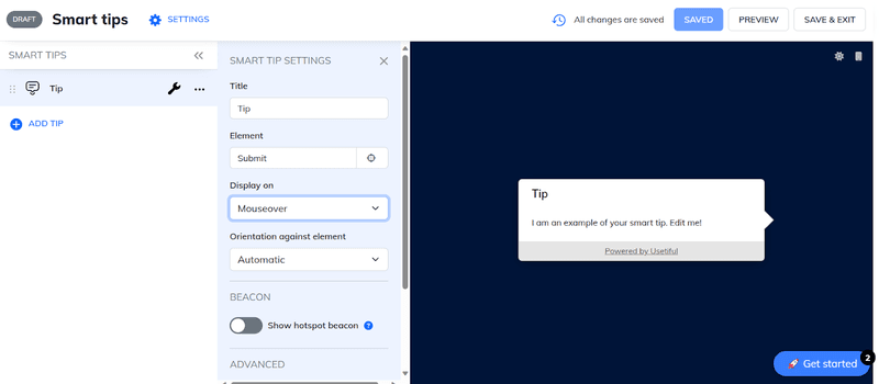 Example of Usetiful features: Smart tip.