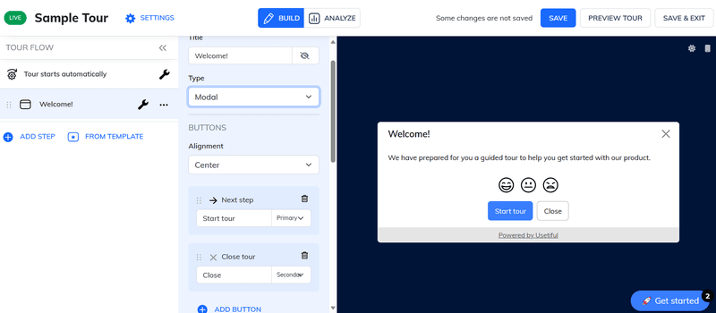 Example of Usetiful features: Product tour builder interface.
