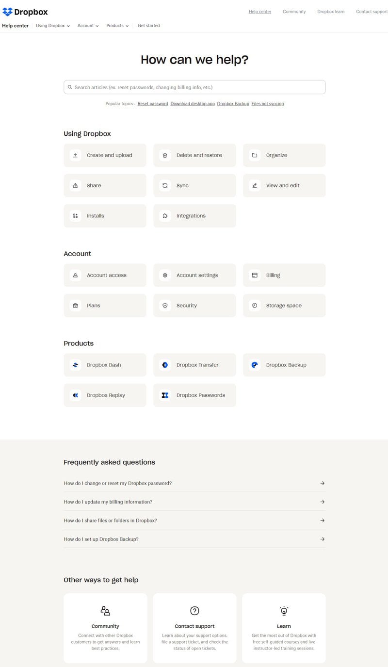 Dropbox help center design
