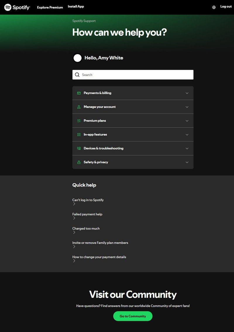 Spotify's help center page