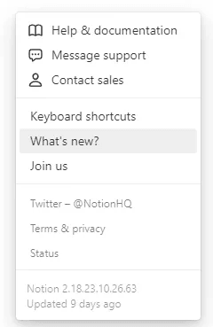 Notion makes it easy to find the release notes page