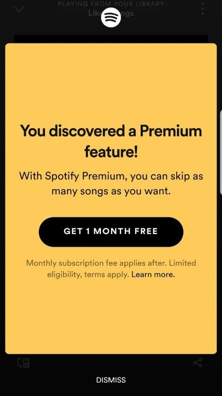 Spotify Premium in-app messaging upsell