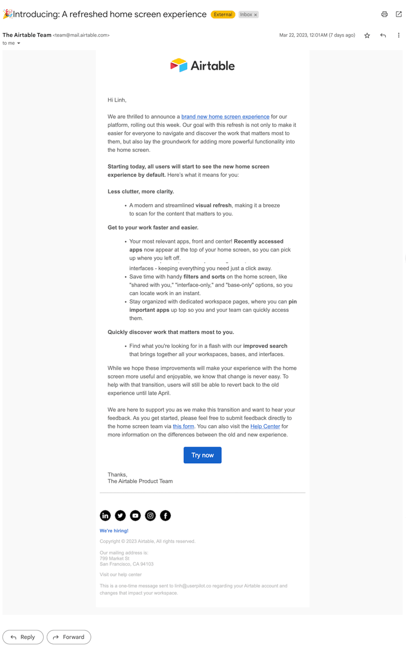 Airtable product release email example