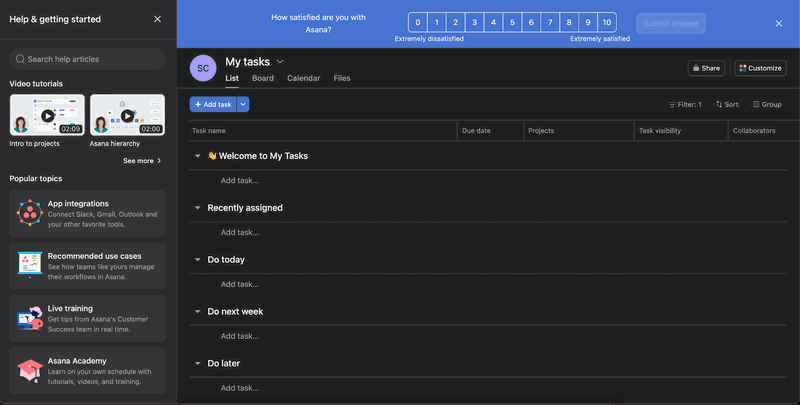 Example of Asana’s in-app help and training.