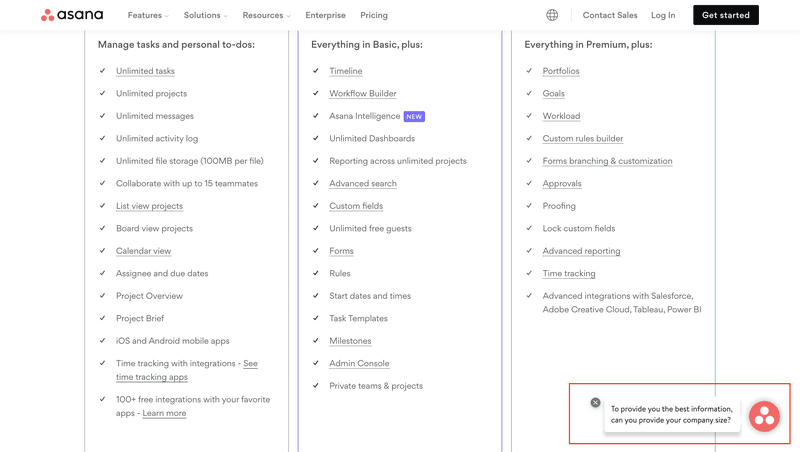 Asana pricing page live chat
