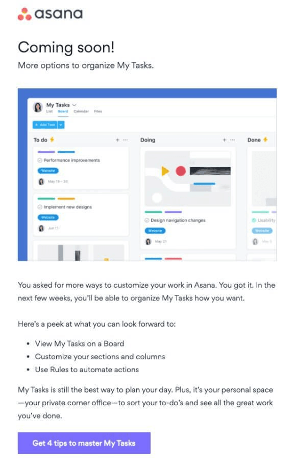 Asana teaser and sneak-peek email product update email
