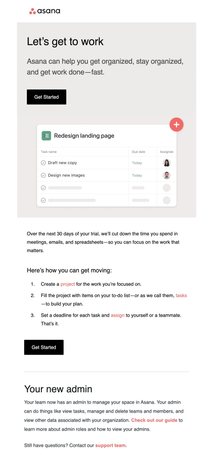 asana welcome email
