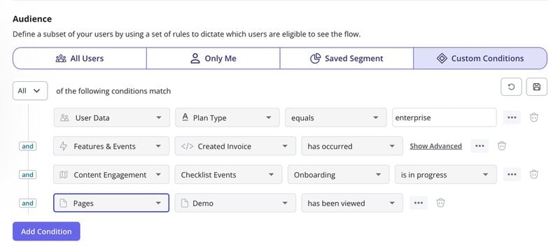 A screenshot of the options of segmenting audience to provide proactive support